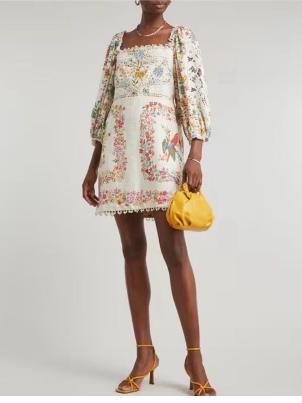 FARM Rio Ivory Mini Dress with Multicolor Floral & Bird Print